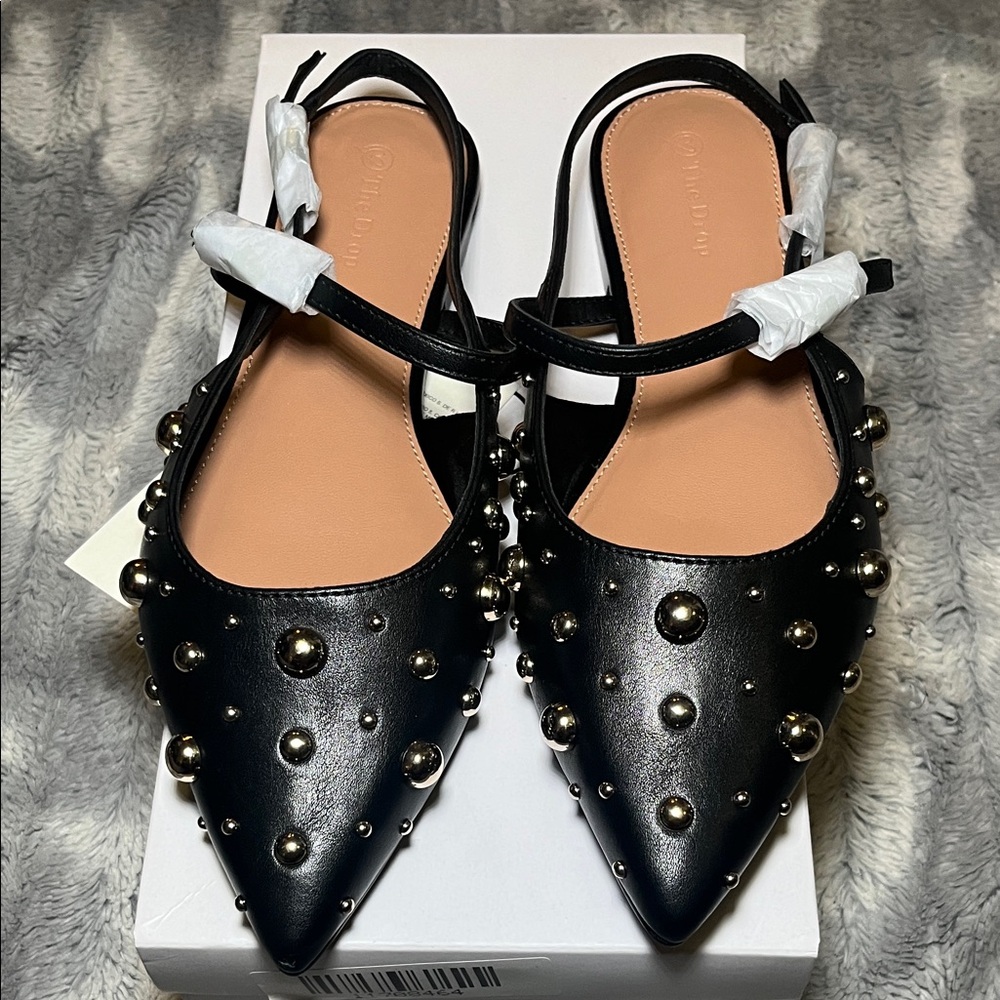 The Drop Tammie Pointed Toe Black Studded Slingback Flats - Picture 11 of 11